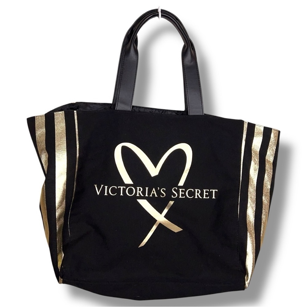 Victorias Secret Canvas Tote Black Gold Travel Foldable Lined Love Victoria Bag